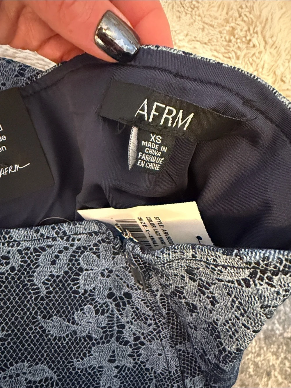 AFRM Navy Lace Floral-Overlay Mini Skirt